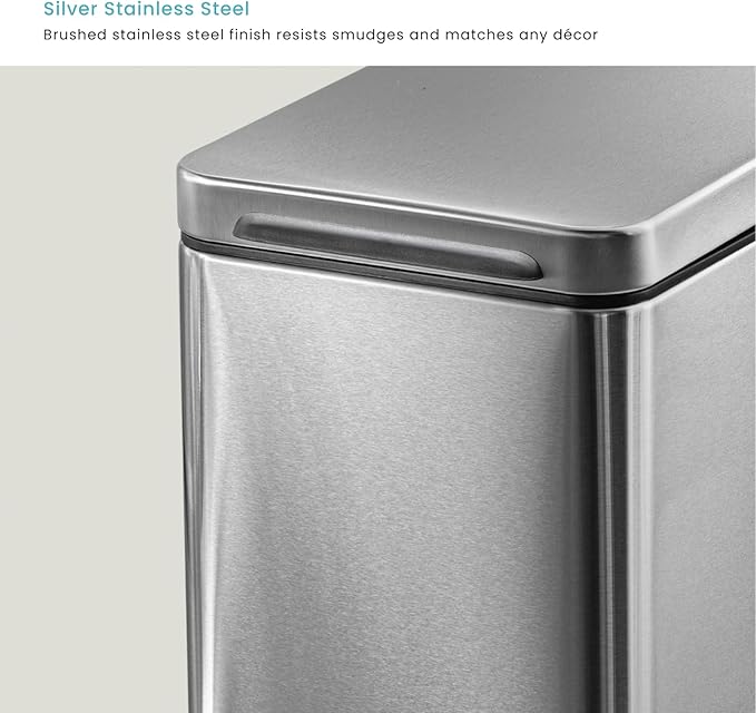 Home Zone Living 8 Gallon and 3 Gallon Slim Stainless Steel Trash Can Combo Set with Soft-Close Lid and Bag Tuck Design, Silver