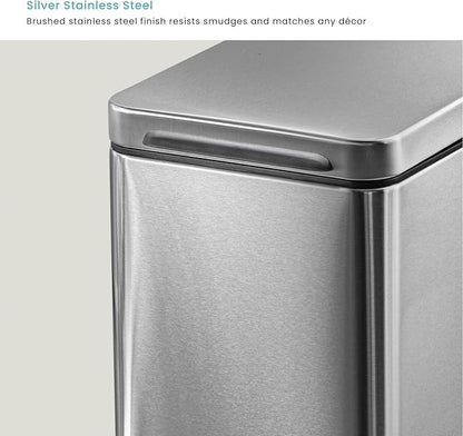 Home Zone Living 8 Gallon and 3 Gallon Slim Stainless Steel Trash Can Combo Set with Soft-Close Lid and Bag Tuck Design, Silver