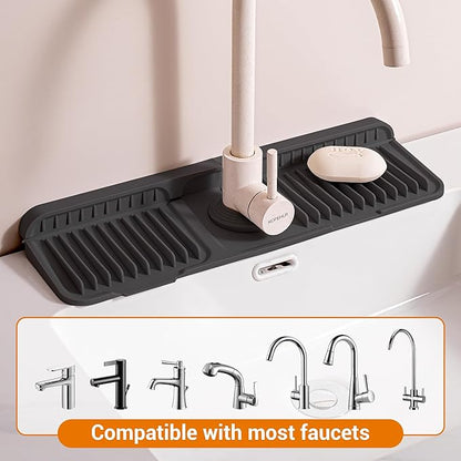 ZJWZLG Faucet Mat for Kitchen Sink, 17.7"X5.5" Silicone Sink Splash Guard with Soap Holder, Snap-On Design & 7°slope Fast Drain, Folding Sink Faucet Mat for Universal Kitchen Bathroom Sink（Black）