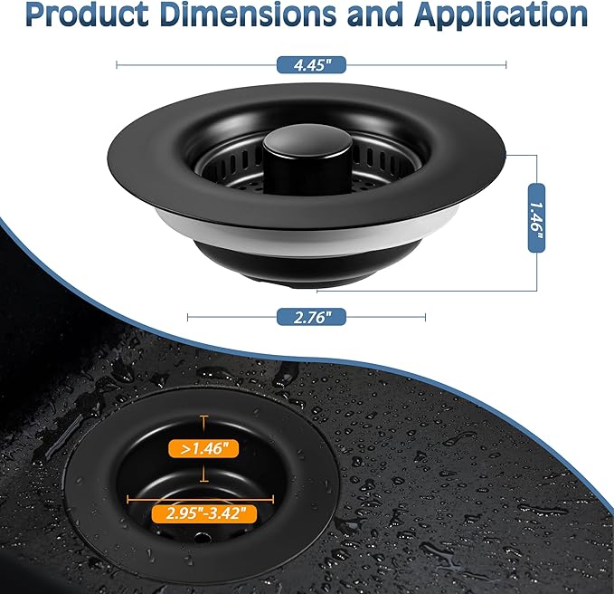 Kitchen Sink Drain Strainer 2 Pack, 304 Stainless Steel Pop Up Sink Stopper, Anti-Clogging Sink Drain Strainer for US Standard Kitchen Drain (Matte Black)