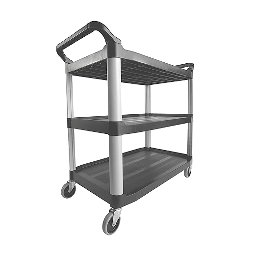 Rubbermaid Commercial Products Heavy Duty 3-Shelf Rolling Service/Utility/Push Cart, 300 lbs. Capacity, Gray, for Foodservice/Restaurant/Cleaning (FG409100GRAY)
