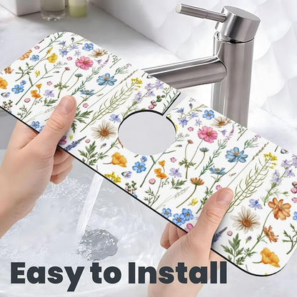 Spring Flower Colorful Leaves 15" X 5.5" Kitchen Sink Splash Guard Faucet Faucet Guard Draining Mat Sink Splash Guard Faucet Kitchen Bathroom