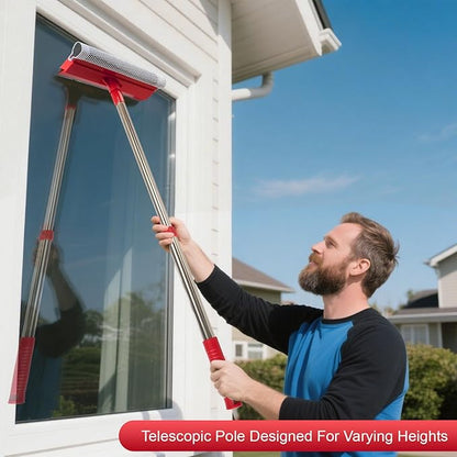 Window Squeegee with 15.7"-27.5" Retractable Stainless Steel Handle, 2-in-1 Windshield Cleaner Tool for Cars, Trucks, Glass Doors, Shower Glass, Outdoor Windows – Window Cleaner (Red)