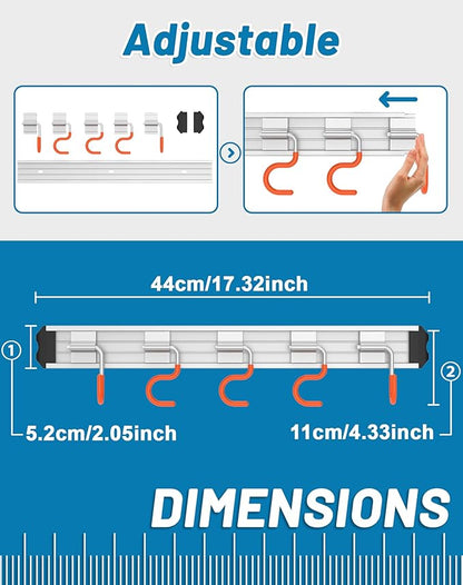 Mop and Broom Holder Wall Mount Garden Tool Rack Organizer, Modern Style,Movable Aluminum Alloy Wall Mounted Hook 2 Pack,Storage Gift for Bathroom,Closet,Laundry Room,Garage,Tool Room(Orange)