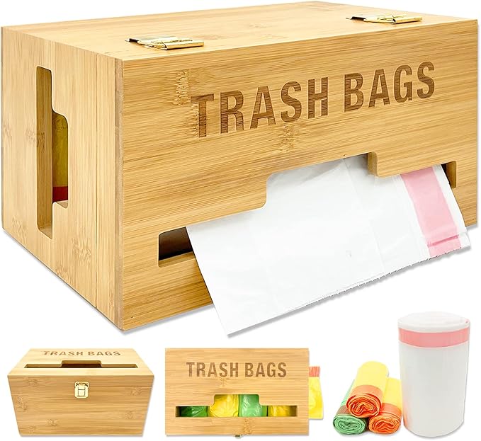 Trash Bag Dispenser with Handles, Garbage Bag Holder for Standard 13/30 Gallon Rolls Less Than 80 Bags, Kitchen Laundry Trash Bag Organizer, Wall Mounted/On Countertop/Under-Sink