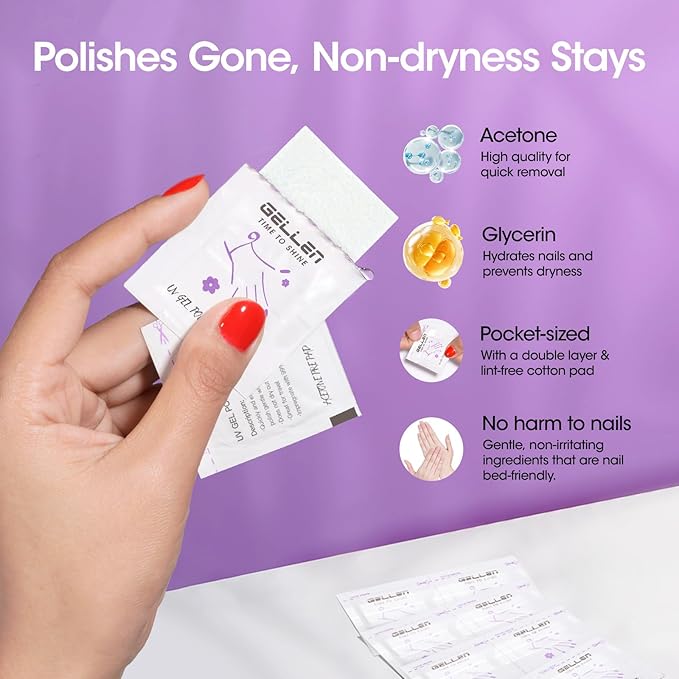 Gellen 100 Pack Nail Cleanser Pads and Polish Remover Pads, Acetone Nail Polish Remover Pads, Alcohol Wipes for Nails, Quick & Easy Removal, Individually Wrapped Travel Set for Perfect Nail Art
