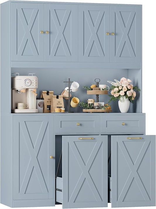 HOSTACK 71"H Kitchen Trash Can Cabinet, 12.5 Gallon Double Pull Out Garbage Can Hutch Cabinet with Trash Bin Storage Holders, 47" Wide Kitchen Pantry with Hidden Garbage Storage for Dining Room, Blue