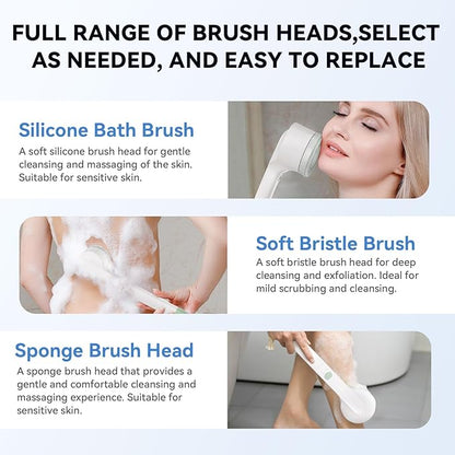 Electric Body Scrubber with Long Handle Cordless Rechargeable Shower Brush for Back Scrubbing and Exfoliating IPX7 Waterproof Vibration Silicone Bath Brush