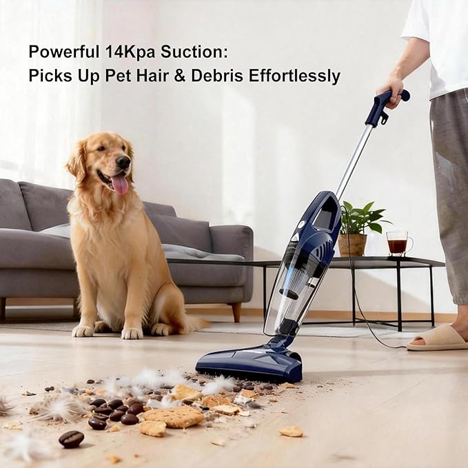 Corded Stick Vacuum Cleaner, 3-in-1 Detachable to Handheld with 180°Left-Right Steering, 14KPA Powerful Suction for Pet Hair on Hard Floors, HEPA Filter, Lightweight with 16.4ft Long Cord