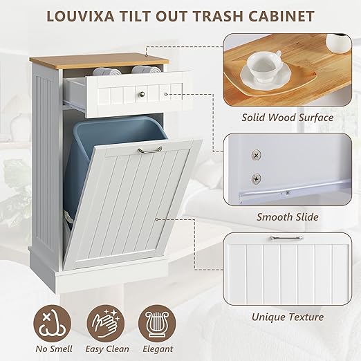 LOUVIXA Tilt Out Trash Can Cabinet, Hidden Trash Cabinet with Drawer, Wooden Dog Proof Trash Can Holder, Tilt Out Laundry Hamper, Garbage Can Holder (White)