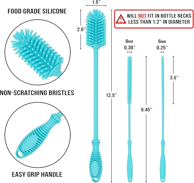 Kitchiny Silicone Bottle Brush with 2 Straw Cleaners - 12.5” Water Bottle Cleaner Brush for Yeti, Hydro Flask, Owala, Stanley, Baby Bottles, Glassware, Vases & Narrow Neck Containers - Blue