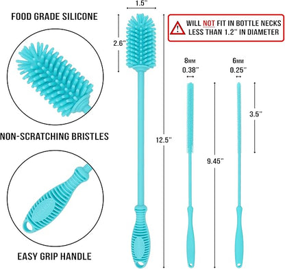 Kitchiny Silicone Bottle Brush with 2 Straw Cleaners - 12.5” Water Bottle Cleaner Brush for Yeti, Hydro Flask, Owala, Stanley, Baby Bottles, Glassware, Vases & Narrow Neck Containers - Blue