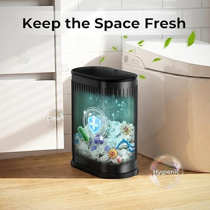 Small Black Bathroom Trash Can with Press Top Lid, 1.8 Gallon Stainless Steel Garbage Can with Removable Inner Bucket, Includes 60 Trash Bags for Home Bedroom