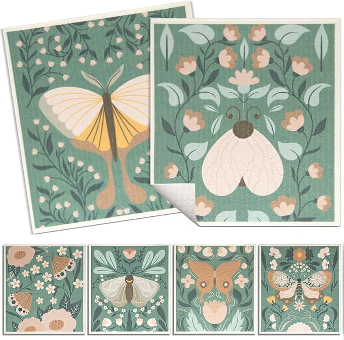 6 - Pack Swedish Kitchen Dish Cloths - Reusable Paper Towels for Counters & Dishes - Eco Friendly Cellulose Sponge Cloth (Butterfly)