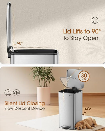Lovewind Kitchen Trash Can with Lid, 8 Gallon/30 L Footstep Garbage Can for Kitchen Bedroom Home Office, 30 Liter Trash Bin Brushed Stainless Steel Waste Bin with Soft-Close Lid,Silver