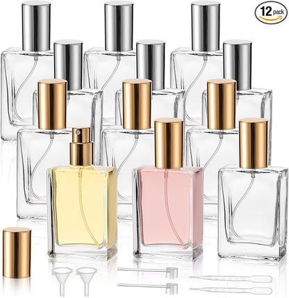 Foraineam 12 Pack 1 oz / 30ml Clear Glass Perfume Bottle, Refillable Empty Fine Mist Atomizer Spray Bottles, Portable Square Perfume Atomizer Bottles for Fragrance, Lotion, Essential Oil