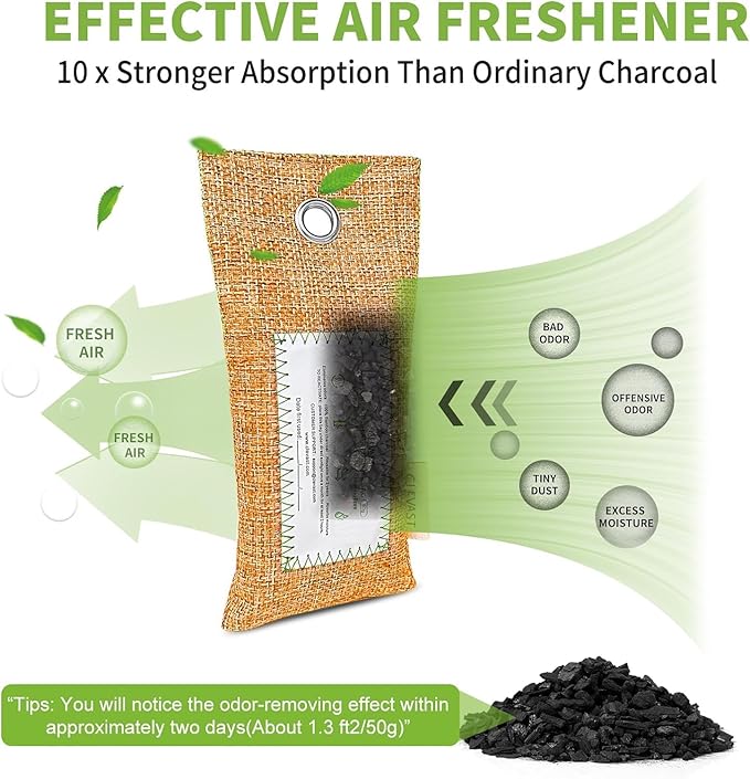 CLEVAST Activated Bamboo Charcoal Odor Absorber - 6 x 60g Air Purifying Bags Natural Fresh, Deodorizer and Moisture Eliminator for Home, Closet, Shoes, Car Air freshener, Multicolor