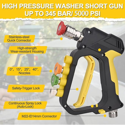 BEAR FORCE High Pressure Washer Short Spray Gun Inlet M22-ID14mm Max 5000 PSI with Nozzle Tips Holder & M22-15mm Connector & 3/8'' Quick Connector Swivel, Power Washer Gun Compatible with Foam Cannon