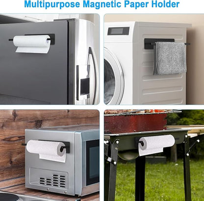 Paper Towel Holder Black, Toilet Paper Roll Holder Magnetic Towel Rack No Drilling Fridge Organizer Shelf for Towels Rolls Bar Bathroom Toilet Pantry RV Essentials Kitchen Organizer and Storage 2 Pack
