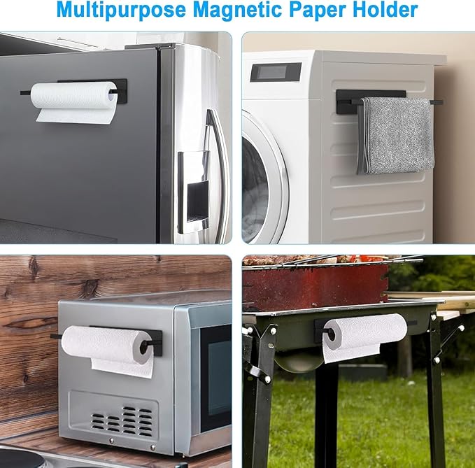 Black Paper Towel Holder, Magnetic Paper Towel Holder for Fridge, Toilet Paper Roll Holder Magnet Towel Rack Wall Mount Fridge Organizer for Paper Towels Rolls Bathroom Pantry RV Kitchen Storage