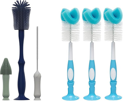 Dr. Brown's Silicone Cleaning Brush Set with Bottle, Spout, and Straw Brush, 3-Pack + Baby Bottle Sponge Brush, Blue, 3-Pack