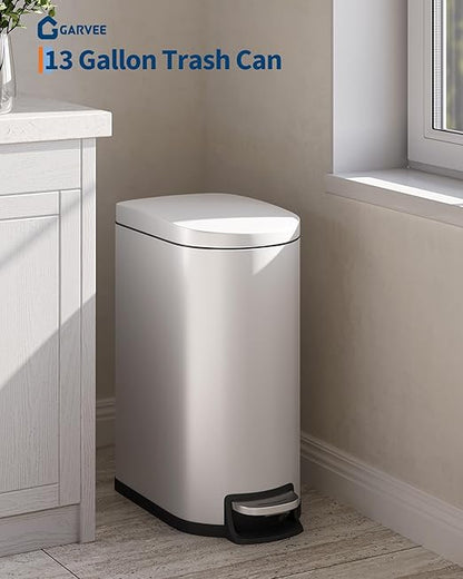 GarveeHome 13 Gal / 50 L Stainless Steel Kitchen Trash Can with Lid, Slim Step-On Garbage Bin, Large Rustproof Metal Trash Can with Soft Close, Inner Bucket & Rear Handle, White