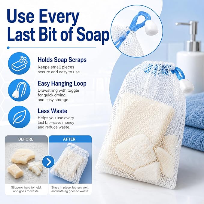 Lagincig 20 Pcs Soap Bag - Mesh Bar Soap Pouch with Drawstring, Nylon Foaming Holder for Shower, Travel, Gym, Bathroom