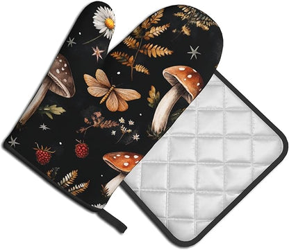 Mushroom Oven Mitts Set – Vintage Pot Holders Kitchen Gloves for Women Farmhouse Kitchen Mitts Floral Herb Potholders Set of 2 Durable for Cooking Baking