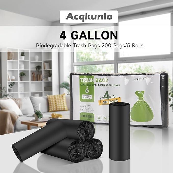 4 Gallon Biodegradable Black Trash Bag - Small Garbage Bags For Bathroom Can 4-6 Gallon 200 Counts Compostable Kitchen Unscented Recycling Little Waste Basket Liners Office Bulk Acqkunlo