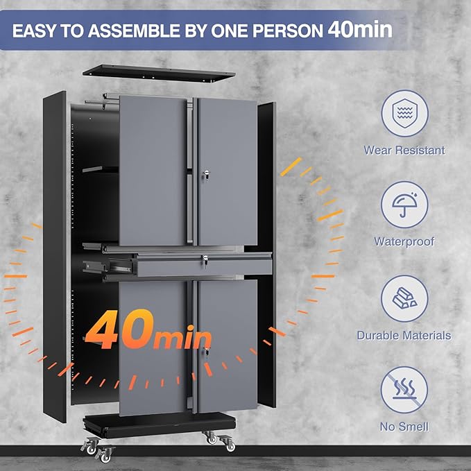 73" Metal Garage Storage Cabinet with Wheels， Rolling Tool Storage with Locking Doors， Adjustable Shelves and Drawer, Heavy Duty Steel Tool Cabinet for Garage, Warehouse, School(Black Grey)