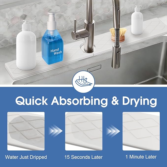 Kitchen Sink Mat, Stone Faucet Mat for Kitchen Sink with Raised Feet, Water Absorbing Stone Tray for Sink, Faucet Splash Guard, Kitchen Accessories, Matte white, 15.8" x 4"