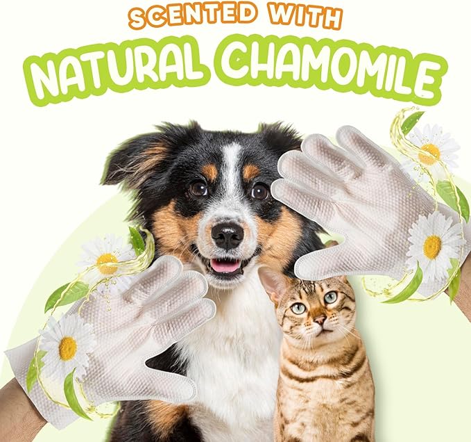 GoEcoVita Pet Deodorizing Glove Wipes for Dogs & Cats | Nourish & Clean Fur & Skin | Coconut Oil & Chamomile Rinse-Free Wipes | Bathing Glove Wipes for Daily Care | Natural, Hypoallergenic (8 Pack)