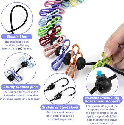 Travel Clothesline: 11.8Ft Portable Clothes Line with 24 Clothes Clips Corde a Linge Voyage Camper Essentials for Travel/Courtyard/Balcony/Hotel Rooms or Bathroom