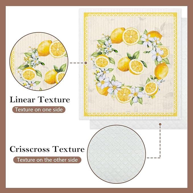 5 Pack Mixed Watercolor Lemon Swedish Kitchen Dishcloths Dish Towels, Farmhouse Lemon Dish Towels for Kitchen, Swedish Dishcloth, Paper Towels Reusable, Dish Cloth Towel Cleaning Wipe for Home