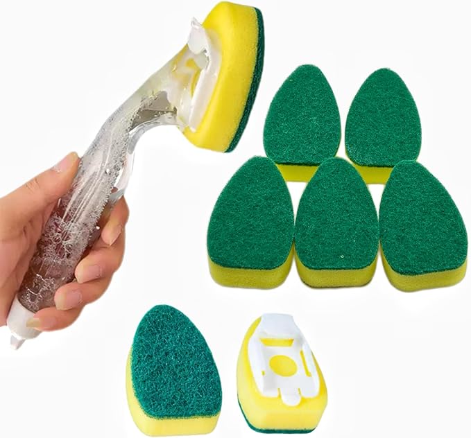 Heavy Duty Dish Wand Refills Kit – 6 Non-Scratch Sponge Heads with Handle, Soap Dispenser & Scrub Brush – Dishwasher Safe Cleaning Tool for Pots, Pans & Dishes