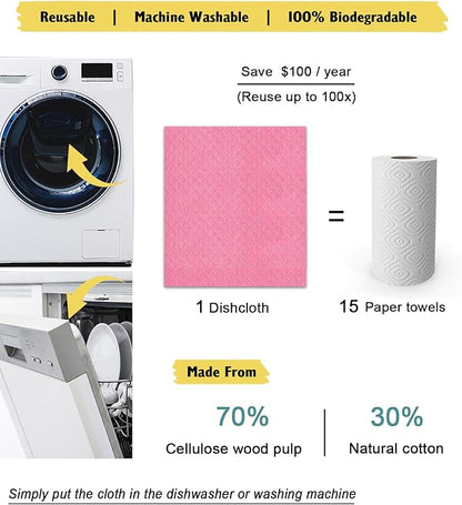 MoLKENE Swedish Dishcloths for Kitchen | 6 Pack Absorbent Cellulose Sponge Cloths Washable | Non-Scratch Reusable Paper Towels Quick Drying Cleaning Cloths - Pink