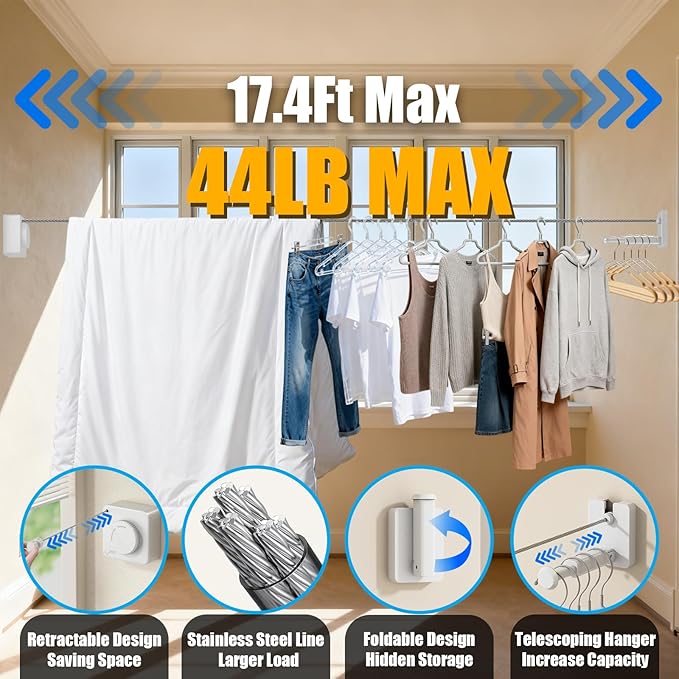 Retractable Clothesline Indoor & Outdoor, 17.4 Ft Non-Sagging Laundry Washing Line with Wall Mounted Heavy Duty, Space-Saving Clothing Drying Rack with Telescoping Hanger (1, Upgraded White)