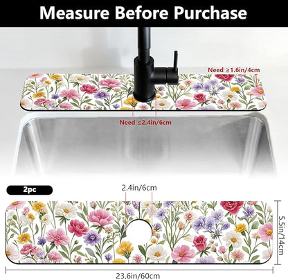 2 Pcs Kitchen Sink Splash Guard Faucet Mats Colorful Watercolor Flowers and Plants Pattern Faucet Mat for Sinks Absorbing Drying Mat for Kitchen Bathroom, 23.6x5.5inch