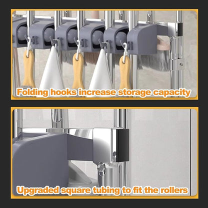 SARKEY Mobile Broom Mop Holder,Cleaning Supplies Organizer,Freestanding Storage Cart,Rolling Janitor Cart With Wheels,Drip Tray,For Garden Garage Schools Hotels Hospitals(98x50x170cm(39x20x67in))