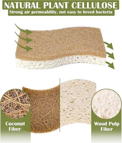 DEBETOOL 14Pack Natural Kitchen Sponge, Eco-Friendly Dish Sponge for Kitchen - Biodegradable Cellulose and Coconut Scrubber - Household Cleaning Sponge for Dishes, White
