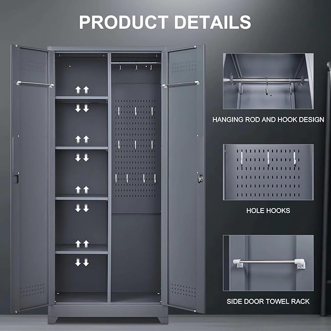 72" H Tall Metal Storage Cabinets, Freestanding Broom Closet Storage Cabinet with Locking Door for Cleaning Tool, Large Garage Cabinet Tool Organizer Storage Cabinet for Office, Grey