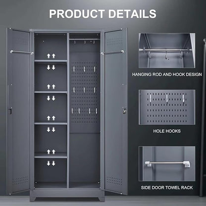 72" H Tall Metal Storage Cabinets, Freestanding Broom Closet Storage Cabinet with Locking Door for Cleaning Tool, Large Garage Cabinet Tool Organizer Storage Cabinet for Office, Grey