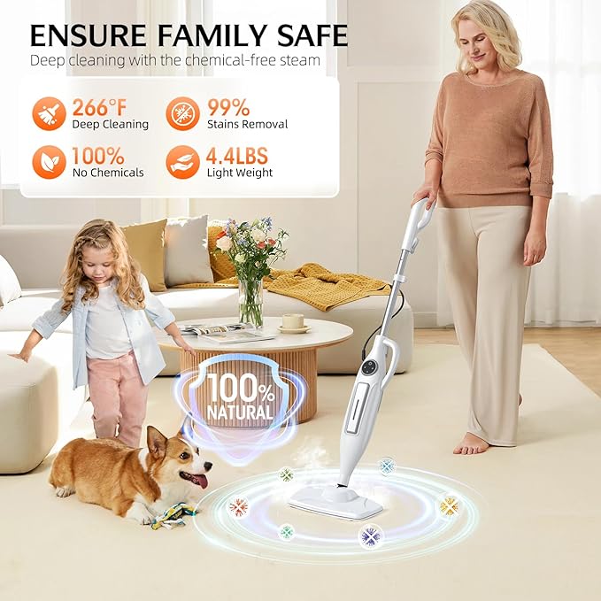 10-in-1 Steam Mop, Powerful Handheld Steam Cleaner for Home with 23FT Cord, Removable Water Tank, 266℉Deep Cleaning, 2 Steam Modes, Multi Purpose Steam Mop for Hardwood Floor, Laminate, Carpet