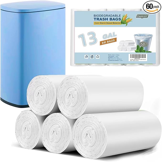 tall kitchen white trash-bags 13 gallon - kitchen garbage bags unscented biodegradable 60 Count Office waste basket Liners recycling Compostable Strong Thick Bulk Inwaysin