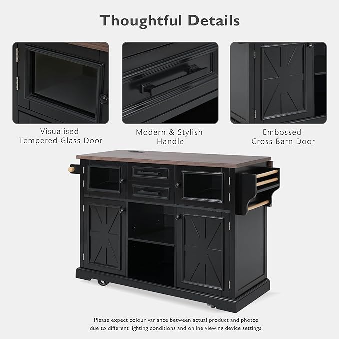 54.9" Large Kitchen Island with Drop Leaf, Power Outlet, Kitchen Storage Islands with Cross Barn Doors & Visual Glass Door, Rolling Kitchen Cart on 4 Wheels, Black