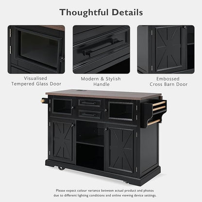 54.9" Large Kitchen Island with Drop Leaf, Power Outlet, Kitchen Storage Islands with Cross Barn Doors & Visual Glass Door, Rolling Kitchen Cart on 4 Wheels, Black
