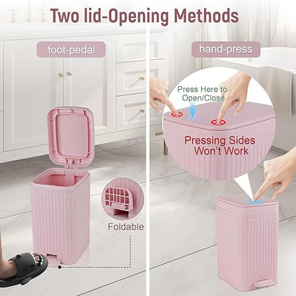 rejomiik Small Bathroom Trash Can with Lid 1.9 Gallon Step Trash Can Slim Garbage Can with Soft-Close Waste Bin for Bathroom, Bedroom, Office, Dorm, RV, Pink