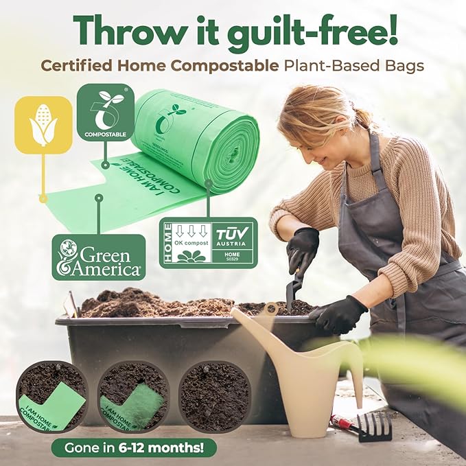 AIRNEX Compostable Kitchen Trash Bags 13 Gal - Cornstrarch Leakproof & Tear Resistant 100 Compost Bags - OK Compost Home & Seedling Certified 0.25 mm Kitchen Garbage Bags