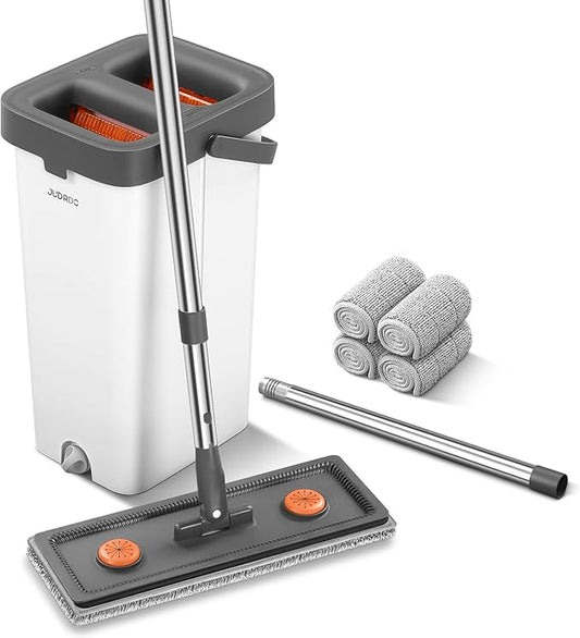 JUDRDO Mop and Bucket with Wringer Set for Home,61" Flat Mop and Bucket System for Floor Cleaning,Wet Dry Mop Window Wall Cleaner with Long Handle,Floor Mop with 4 Washable Microfiber Pads