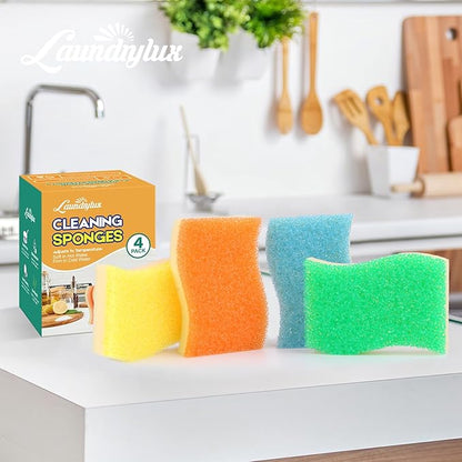 LAUNDRYLUX Scrub Sponge, 4 Pack Dual-Sided Temperature-Responsive Scrubber - Non-Scratch - Multipurpose Dish Sponges for Kitchens, Bathrooms, and Outdoor Use - S Shape